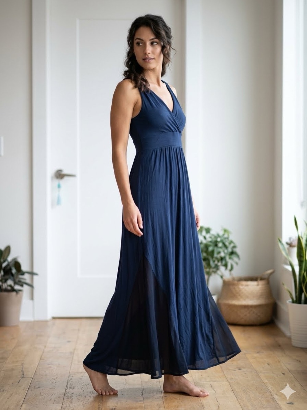 Sleeveless Navy V-Neck Maxi Dress - Classic Flowing Silhouette